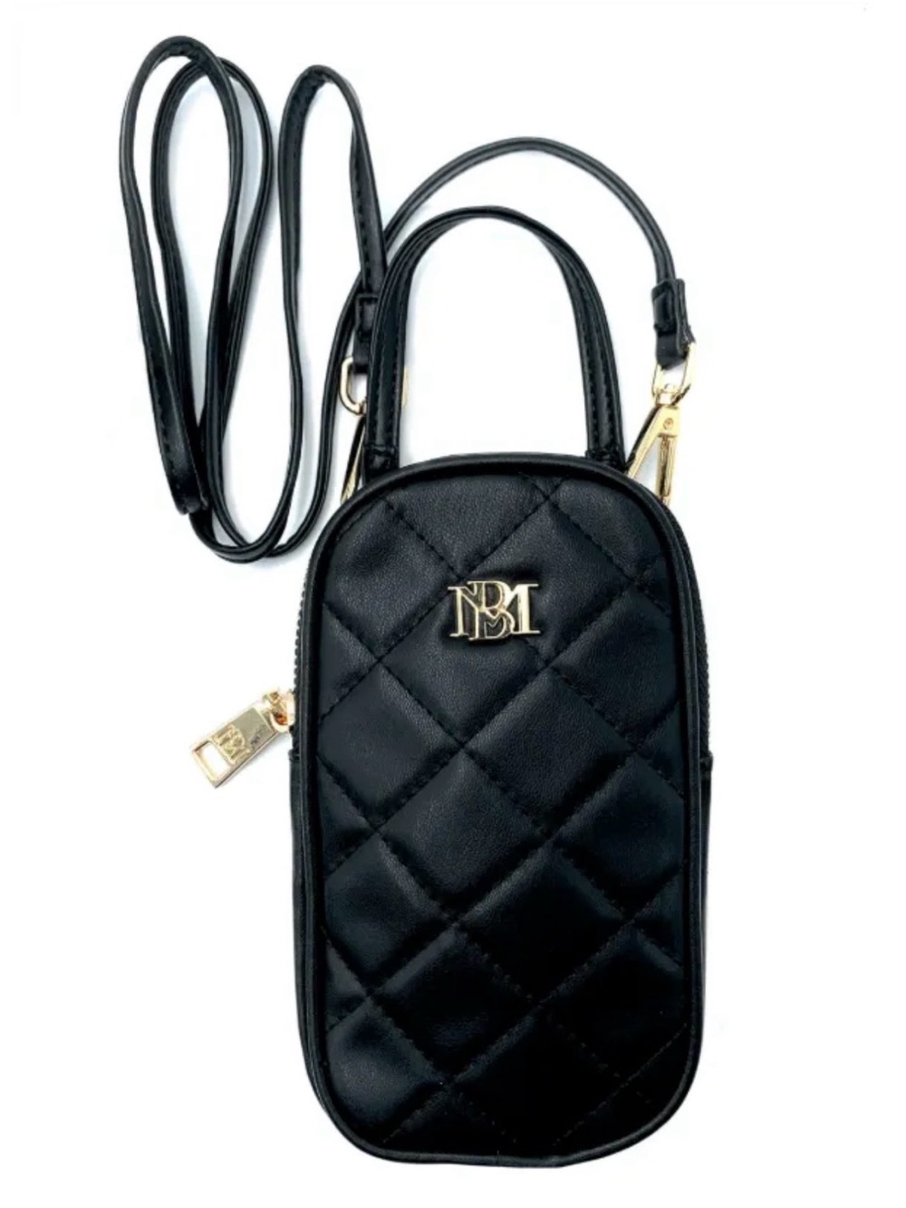 Badgley Mischka Quilted Black Phone Bag with Gold Logo
